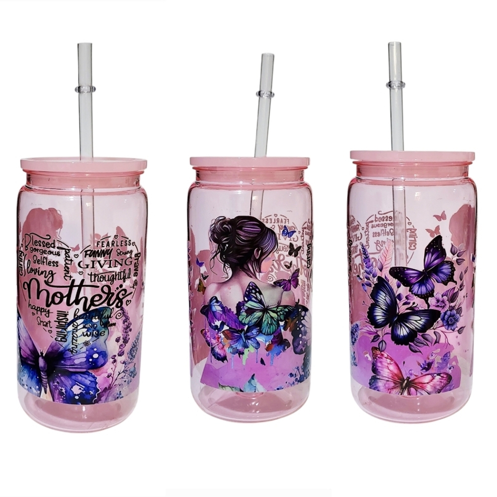 Butterflies Mother Inspiring Words Acrylic Plastic Tumbler 16oz Pink